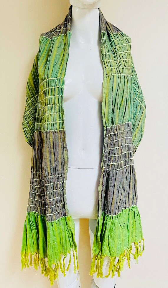 Celery Green Sparkly Metallic Thread Fringed Cott… - image 3