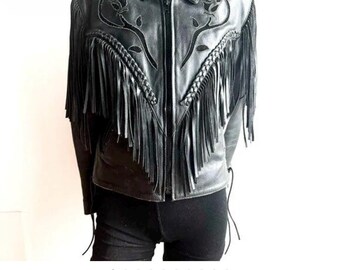 1970s Black Leather Jacket Fringe Biker Country Western