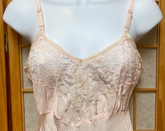 RARE Antique 1930s Lily Lang Blush Pink Floral Lace Bodice & Hem Trim Semi Sheer Slip Dress Vintage Art Deco Lingerie Size 34