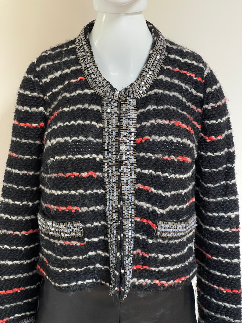 Alpacka, ull och akryl Tracy Reese för Anthropologie NWT Ny med etiketter Svart boucléstickad kavaj Glittriga paljetter Kavaj i Coco Chanel-stil bild 1