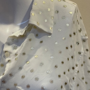 Creamy White Blouse Gold Sparkly Polka Dots Collared Two Chest Pockets Bracelet Sleeves Relaxed Party Blouse Elegant Chic Holiday Blouse