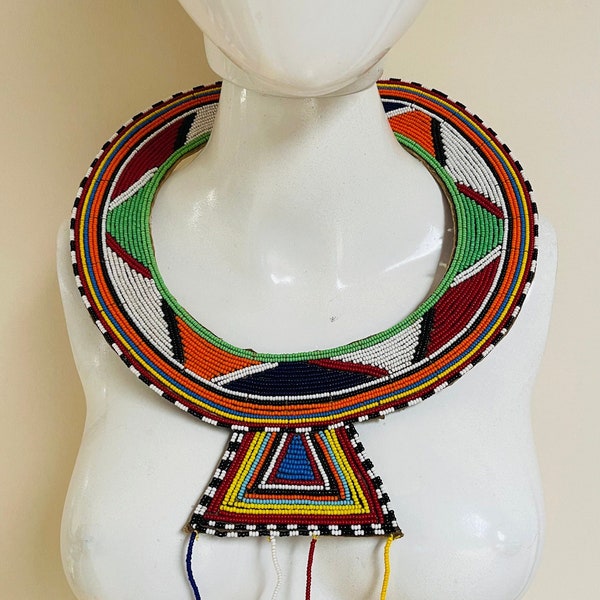 1960s Maasai Wedding Necklace Vintage African  Bib Necklace Handmade Beaded Collar Kenya Kenyan Beadwork Ethnic Necklace Collectible Rare