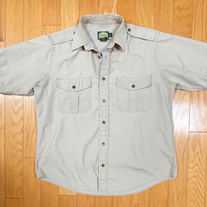 80s CABELA’S Men’s Shirt Tactical / Hunting / Fishing / Outdoors / Military Khaki / Timberwolf Short Sleeves Epaulets Pockets Size L