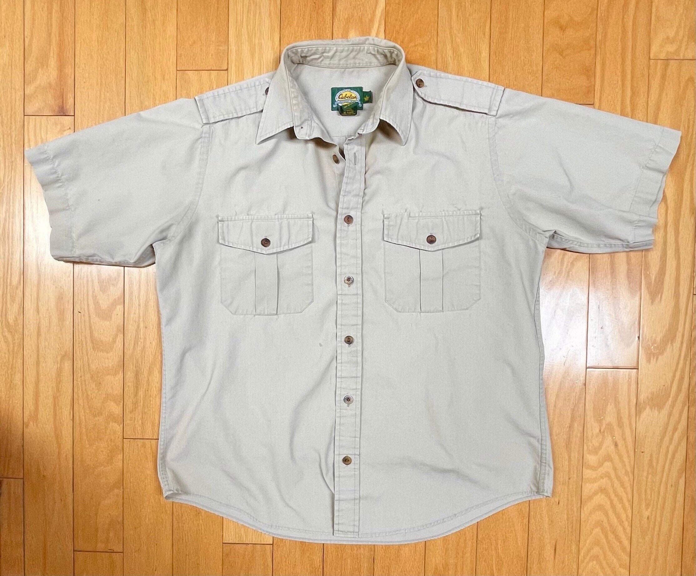80s CABELAS Mens Shirt Tactical / Hunting / Fishing / Outdoors / Military  Khaki / Timberwolf Short Sleeves Epaulets Pockets Size L 