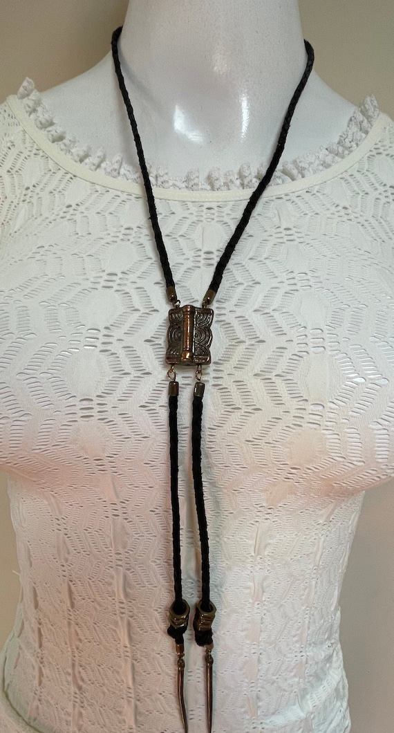 Thin Braided Leather Lariat with Brass Ethnic Pend