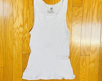 90s Unisex Grunge Hanes Camiseta blanca sin mangas Camiseta sin mangas de algodón acanalado / Wifebeater angustiado roto en talla L