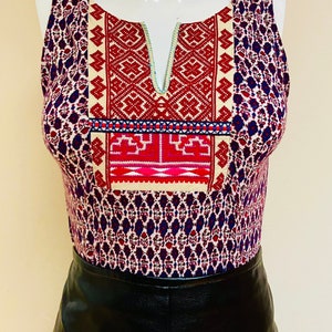 May include: A sleeveless top with a white, red, and blue embroidered design on the front. The top is made of a patterned fabric with a blue, red, and white design. The top is paired with a black leather skirt.