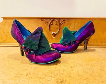 New With Box Never Worn Irregular Choice Flick Flack Court Shoes Metallic Green Metallic Purple Alice In Wonderland Sole Size 7.5