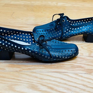 1960s Vintage Iconic Hush Puppies Navy Perforated Oxford Low Heel Shoes image 1