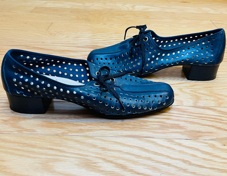 1960s Vintage Iconic Hush Puppies Navy Perforated Oxford Low Heel Shoes image 1