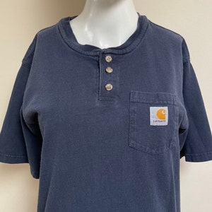 90s Carthartt Navy Blue Three Button Short Sleeve Shirt Front Pocket White Carthartt Patch