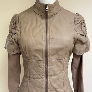 1990s Corset Waist Pleather & Knit Taupe Color Jacket Amazing Regency Era Detailing Edwardian / Victorian Cottagecore Style Pleather Jacket