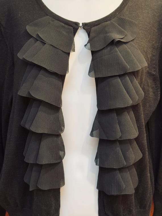 Waterfall Ruffles Panel Beautiful Black Cardigan … - image 4