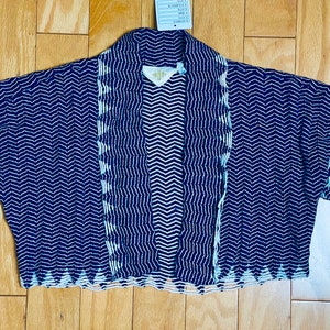 NWT Vintage Shrug Navy Blue & White Hand Woven Shrug Geometric Chevron + Triangle Patterns Rolled Collar + Cuffs Super Soft New With Tags
