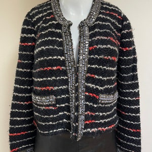 Alpacka, ull och akryl Tracy Reese för Anthropologie NWT Ny med etiketter Svart boucléstickad kavaj Glittriga paljetter Kavaj i Coco Chanel-stil bild 2