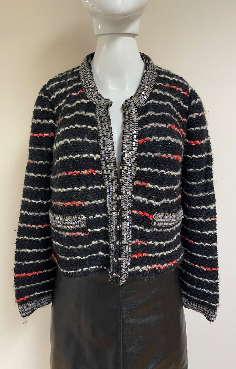 Alpacka, ull och akryl Tracy Reese för Anthropologie NWT Ny med etiketter Svart boucléstickad kavaj Glittriga paljetter Kavaj i Coco Chanel-stil bild 2