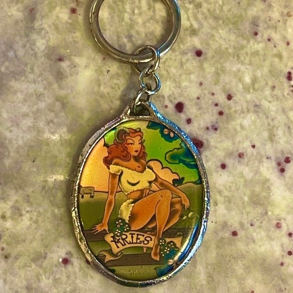 90s Zodiac Tattoo Aries Girl Keychain Sexy Pinup Girl Retro 50s Image Bombshell Zodiac Key Fob Purse Charm