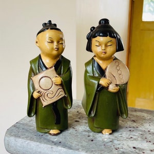 1940s Chinese Figurines Set Handpainted Table Top Ceramic Statutes Figurines Orientalism Chinoiserie Decor Collectible Boho Global Eclectic