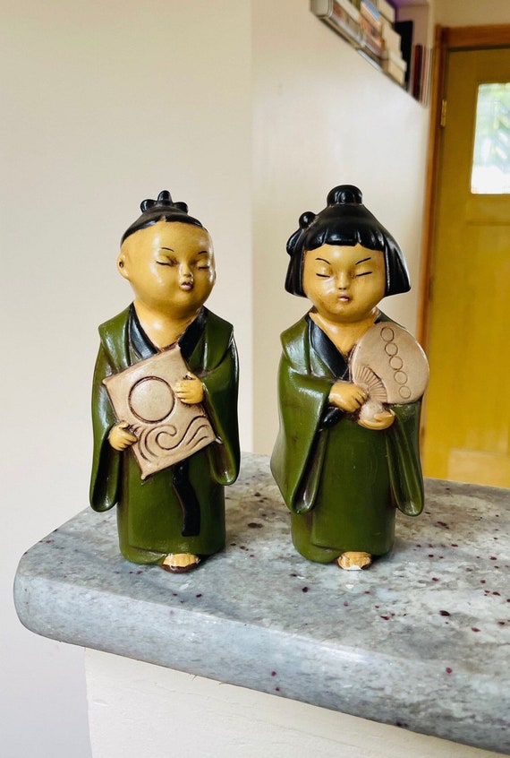 1940s Chinese Figurines Set Handpainted Table Top Ceramic Statutes
