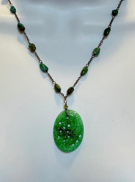 Antique Jade Hand Carved Floral Pendant Chain Neck