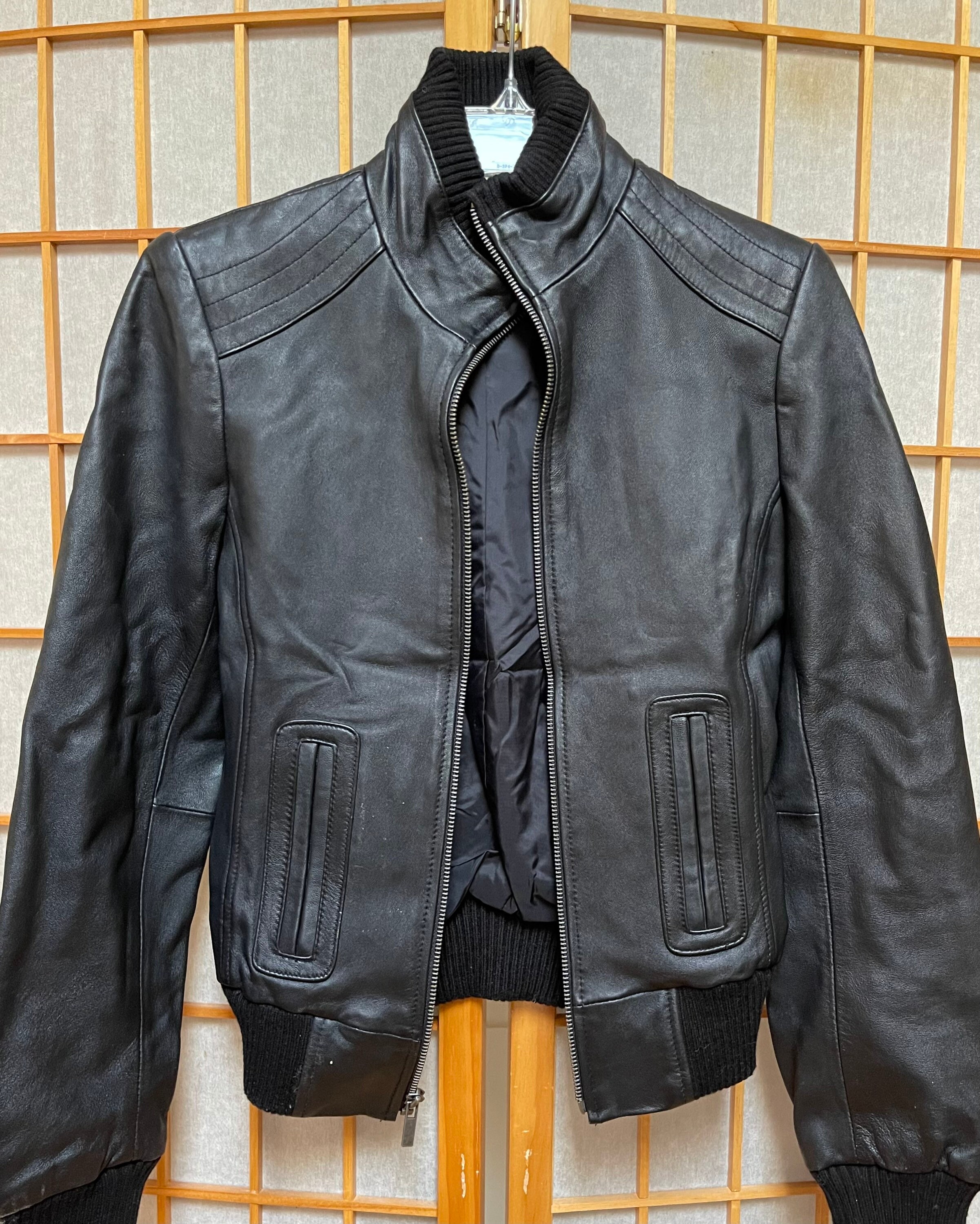 Black Leather Bomber Jacket Bodycon Torso Nipped Waist Knit