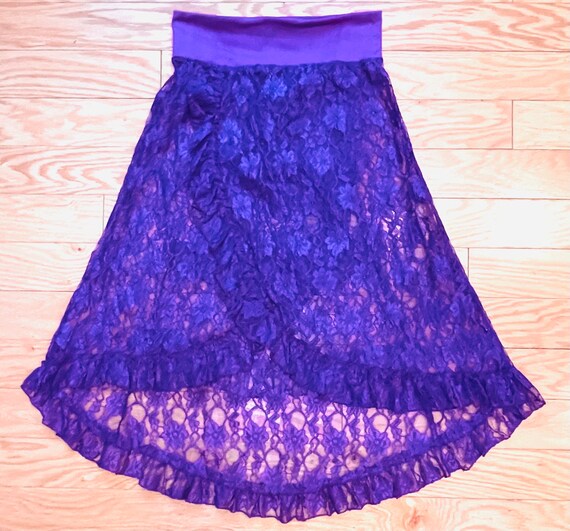 Vintage Floral Lace Skirt 70s Deep Grape Purple Wrap Front Tulip Front Ruffle Hem Semi Sheer Elastic Waist Femme Pretty Etsy Canada
