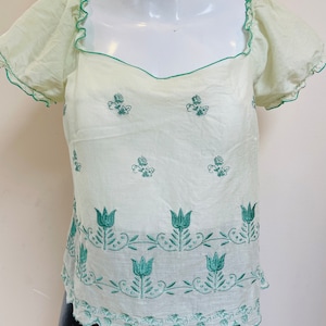 Vintage 70s Embroidered Blouse Pale Green Semi-Sheer All Over Floral Embroidery Wide Square Neckline Cap Sleeves