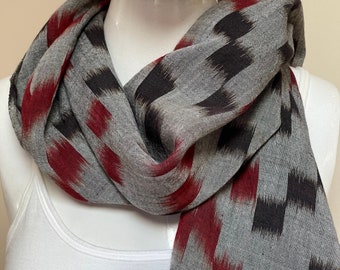 Ikat Style Scarf Shawl Long Length Grey Red Black Fringe Gender Neutral 100% Cotton