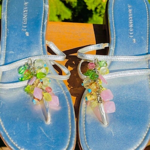 1960s Italian Slide Sandals Silver Crystal Stones Cluster Low Heel Vintage Size 7M Thong Sandals Summer Resort Beach Size 7 Medium