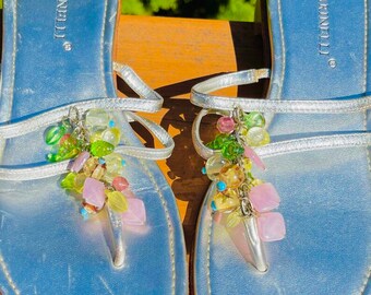 Vintage 1960’s Crystal Embellished Silver beaded elastic Italian  Sandals - il_fullxfull.4893759081_iop9.jpg main image 3