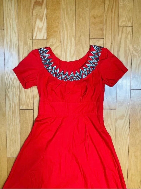 1960s Handmade Beaded Scoop Neckline Scarlet Red D