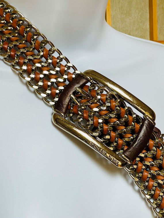 Michael Kors Brown Leather Metal Belt Chain Mail … - image 3