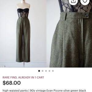 May include: High-waisted olive green tweed pants with a straight leg and pleats. The pants are made by Evan Picone and are in a 90s vintage style.