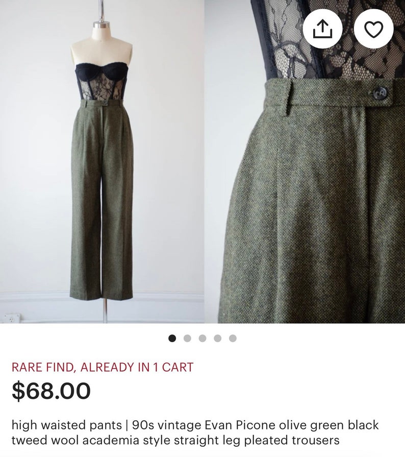 May include: High-waisted olive green tweed pants with a straight leg and pleats. The pants are made by Evan Picone and are in a 90s vintage style.