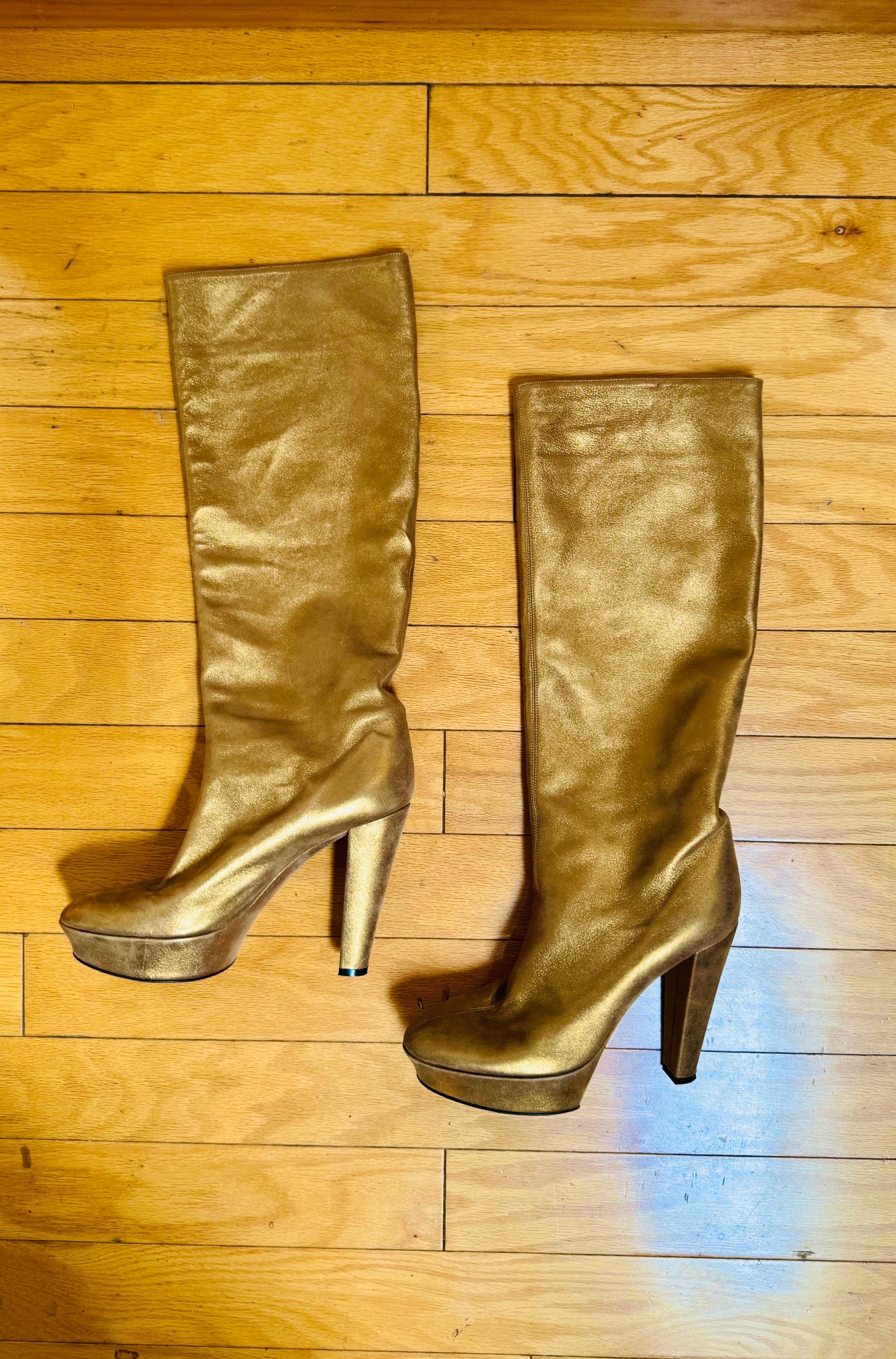 RARE 90s Donna Karan Shimmery Metallic Gold Leather Platform Boots Club Kid Designer Boots Stacked Platforms Size 39 = Size 8