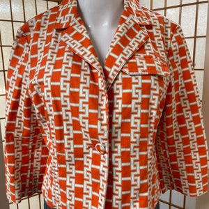 Y2K TOMMY HILFIGER Logo Cropped Jacket Blazer Interlocking Geometric Chain Neon Orange White Stretchy Large Petite