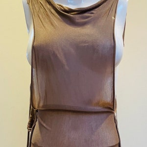 1980s - 1990s Sophie Hines Punk Grunge OOAK Distressed DIY Raw Hems Dress Sheer Nutmeg Brown Tie Back Rave Club Party Slip Dress Sexy Unique