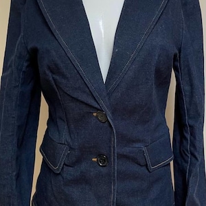 Vintage Dark Denim Blazer Jean Blazer Jacket Marigold Contrast Stitching Coat Smart Details Unique Collar Western Style