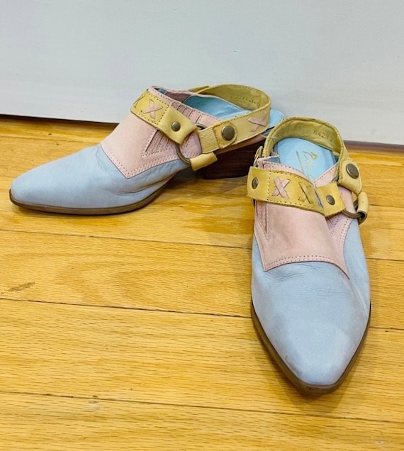 YELLO イエロー BLUE JEAN BABY SHORT BOOTS 80s Pastel Suede Unique Western Harness Slingback Cowgirl