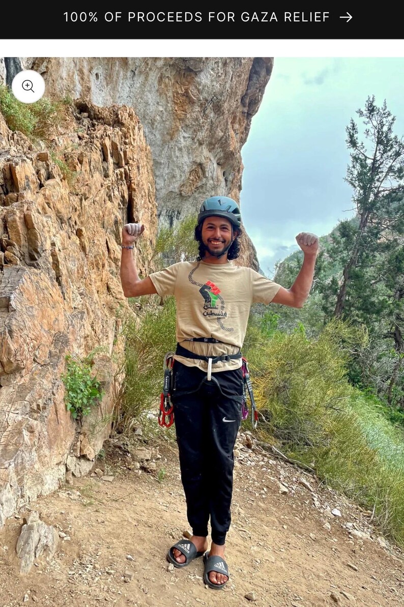 Camiseta de escalada palestina, hallazgo poco común, camiseta de protesta, escalada de resistencia al aire libre, movimiento Palestina Libre, diseño único, escaladores de roca imagen 9