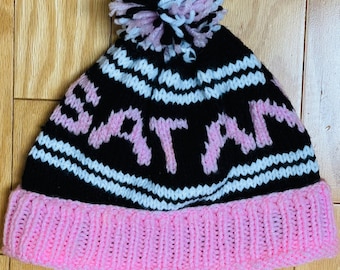 Hail Satan Handmade Crochet OOAK Hat “HAIL SATAN” Big Graphic Lettering Pink Crown Pompom Snowbunny Hat Pagan Thelemic Goth Punk Grunge