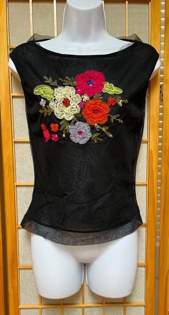 Gorgeous Netting Blouse Black With Front Floral E… - image 3