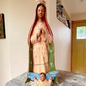 Antique Virgin Of Guadalupe Mexico Terracotta Statue Religious Handmade HandPainted Religious Statue Christian Catholic Rustic Folk Art RARE