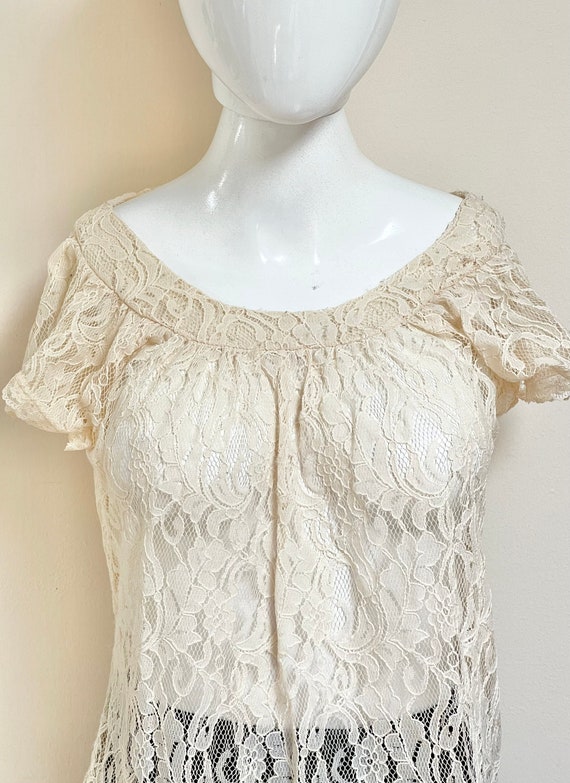 70s Floral Lace Smock Top Pleated & Draping Bodice