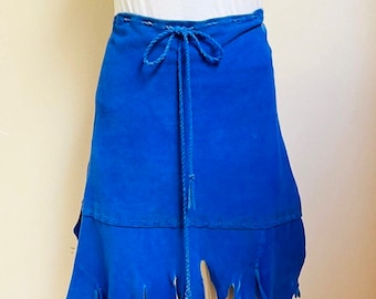 Cobalt Blue Deerskin Suede Skirt OOAK Handmade Vintage ERDA Drawstring Waist Side Slits Fringe Hem Lace Up Back Sexy Hippie Chic Penny Lane