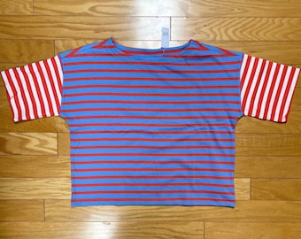 New With Tag GAP Colorful Striped Mariner Tunic Tshirt Perwinkle Blue & Coral Red Boat Neck Color Bloc Roomy Never Worn French Sailor