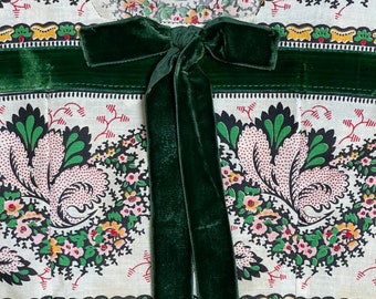 1960s OOAK Retro Handmade Sweet Cotton Corset Fit Floral Top Emerald Green Velvet Ribbon Accents Cottagecore Prairie Girly Girl Country