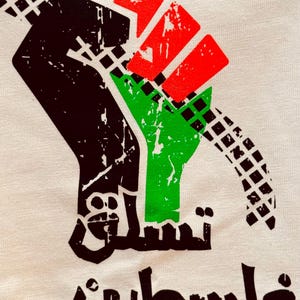 Puede incluir: Un pu&ntilde;o negro, verde y rojo levantado en el aire, con una cadena negra envuelta alrededor de la mu&ntilde;eca. El texto "فلسطين" est&aacute; escrito en &aacute;rabe debajo del pu&ntilde;o.