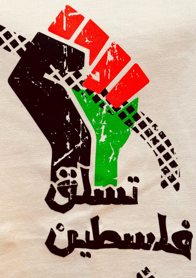 Puede incluir: Un pu&ntilde;o negro, verde y rojo levantado en el aire, con una cadena negra envuelta alrededor de la mu&ntilde;eca. El texto "فلسطين" est&aacute; escrito en &aacute;rabe debajo del pu&ntilde;o.