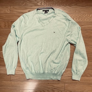 TOMMY HILFIGER Mint Green Mens Pullover V-Neck Jumper / Sweater Premium Cotton Size XL